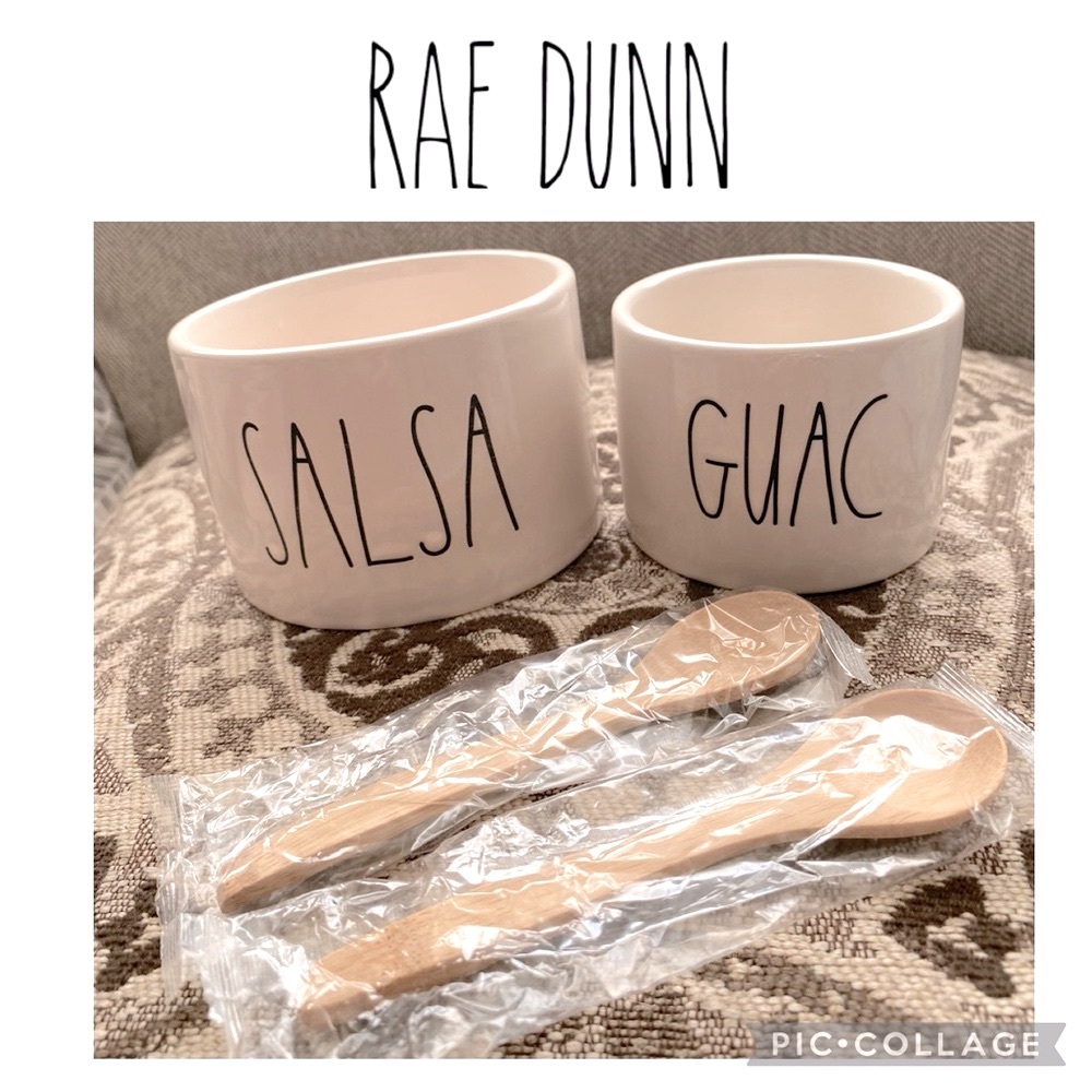 Rae Dunn Salsa and Guac Bowl Set with Wooden Spoons. New.